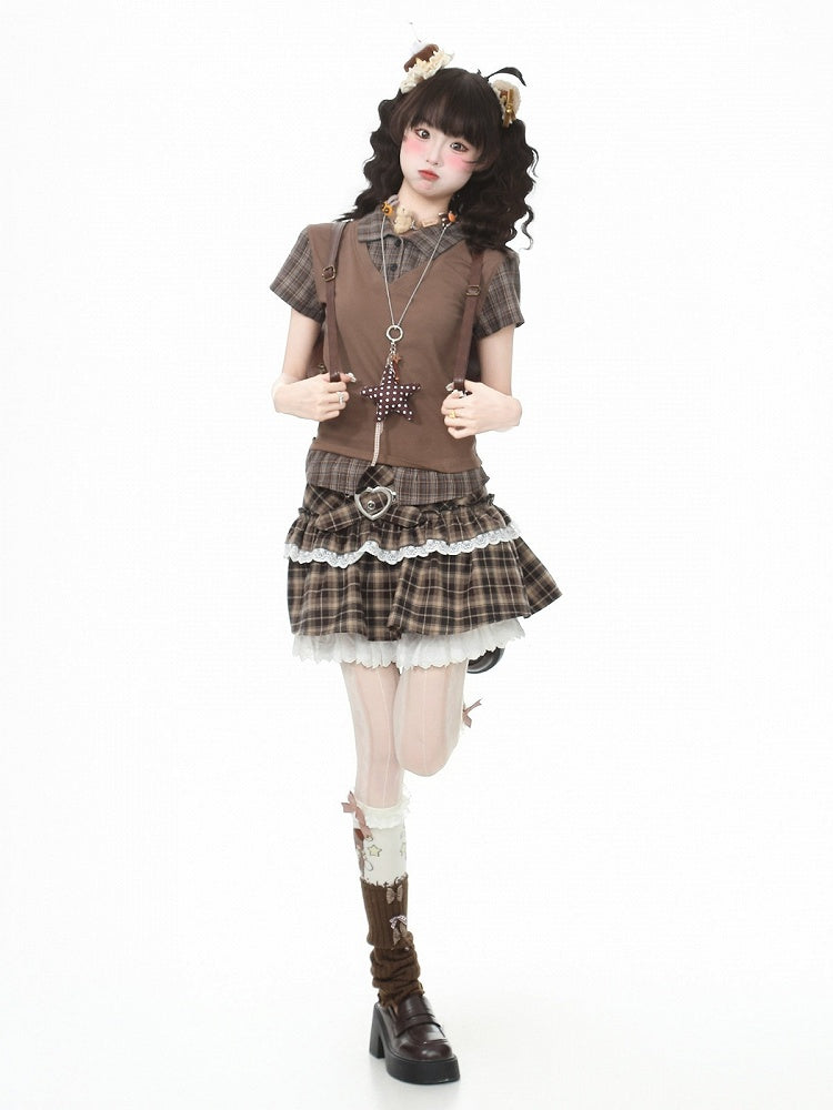 Brown Plaid Two-Piece Short Sleeve Top - Languid Park