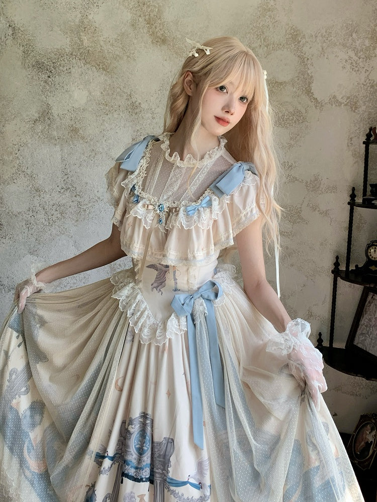 Edward Basque Lolita Print Kleid Klassischer Hals Elegantes Engelsstück Taille Eins