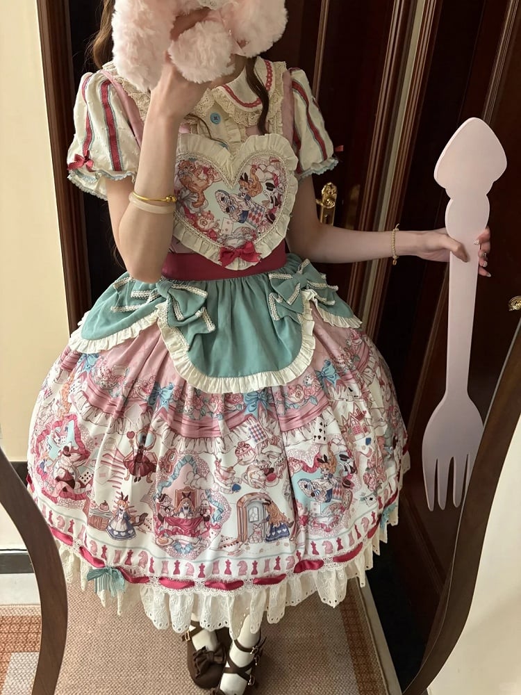 Pink & Green Alice Cat Vibes Heart-shaped Patch Sweet Lolita Dress with Apron Belt - Mewroco