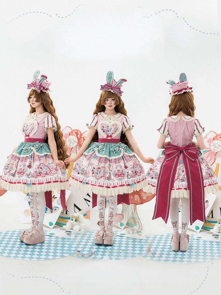 Pink & Green Alice Cat Vibes Heart-shaped Patch Sweet Lolita Dress with Apron Belt - Mewroco