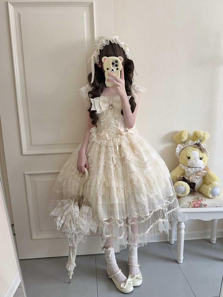 Bows Hanayome-Style Dress with + Apricot Rhinestone Full Details Gentle Lolita Overlay Set Multi-Layer / JSK Lace