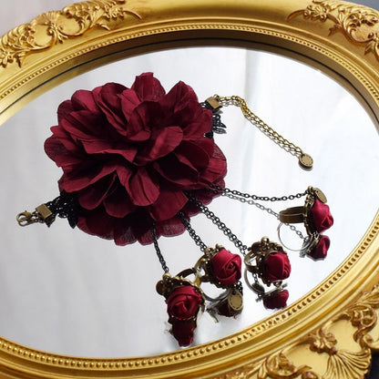 Gothic Lolita Wine Red Rosette Bracelet with Chain