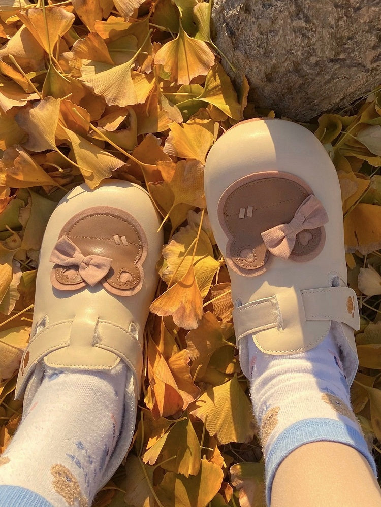 Flats Strap Bear Velcro Paw Closures Embroidery Bow Apricot - Sweet Accent Brown at Top