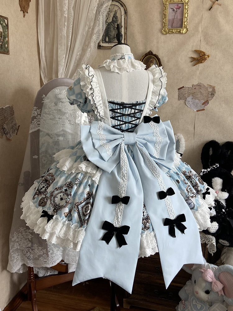 Blue White Alice Wonderland Sweet Lolita OP Dress Set - Untitled Heartbeat