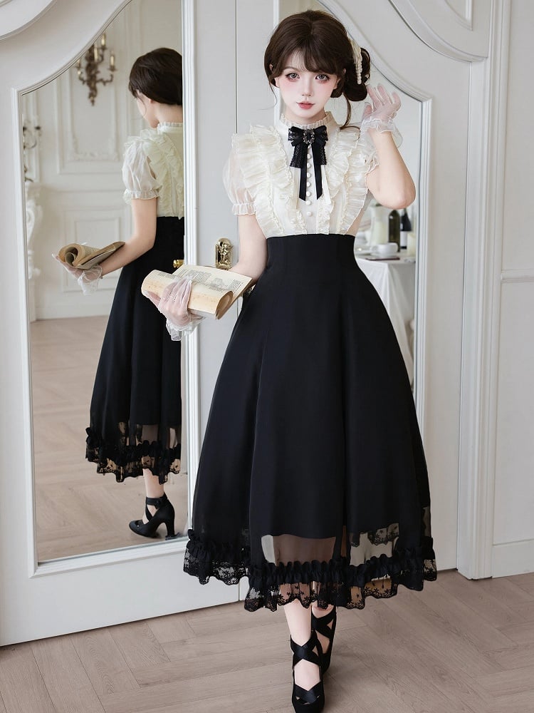 Beige Ruffled Blouse & Black Long Skirt Fake Two Pieces Lolita Dress - With PUJI