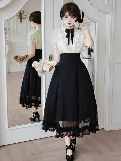 Beige Ruffled Blouse & Black Long Skirt Fake Two Pieces Lolita Dress - With PUJI