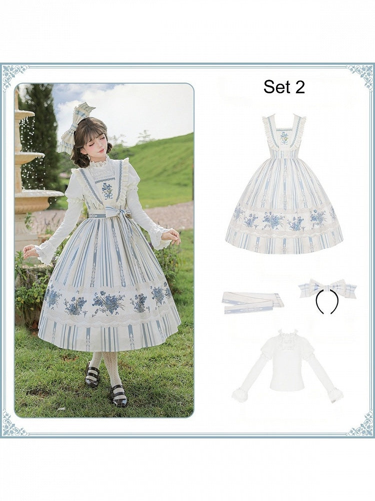 Long Blue & White Striped Floral Embroidered JSK Set with Knit Top, Belt & KC - With PUJI