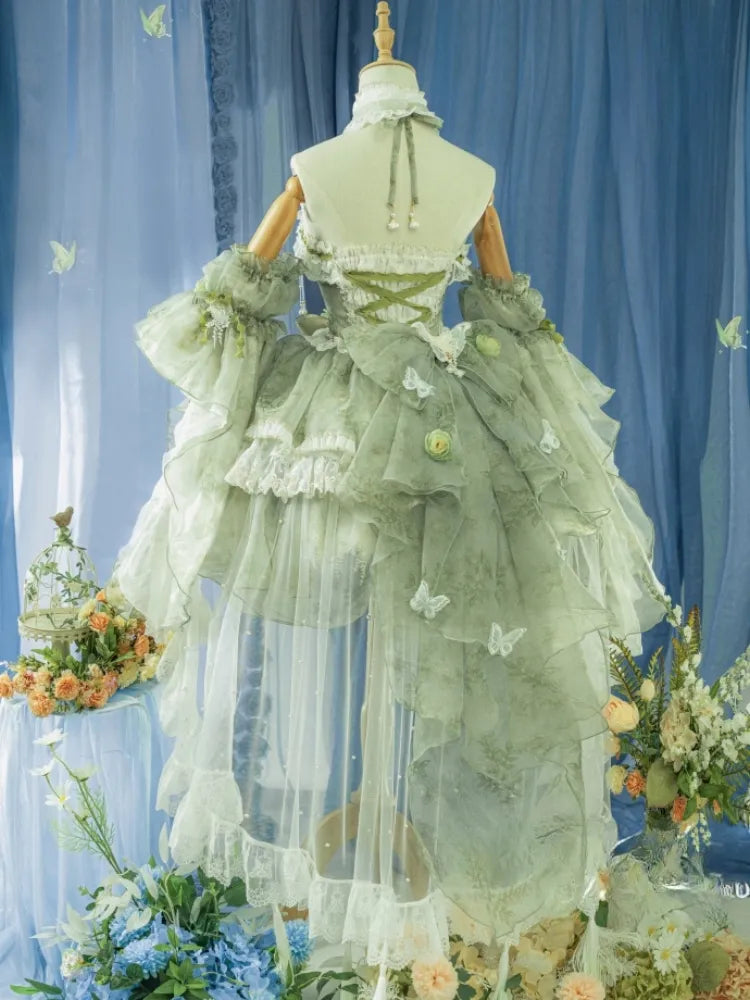 Set Decorated Princess Fairy Dress Flowers Lolita Butterfly JSK Light Full Green Forest