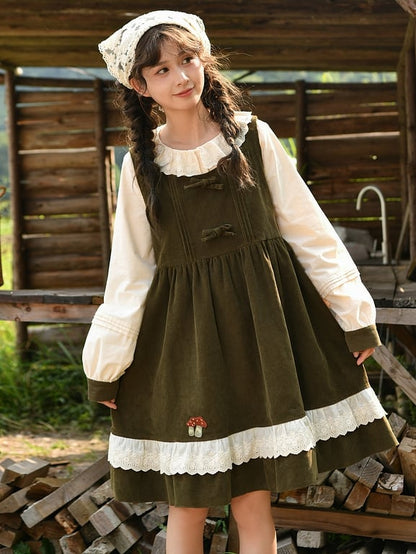 Green Mori Kei Bowknot Details Corduroy Overall Dress