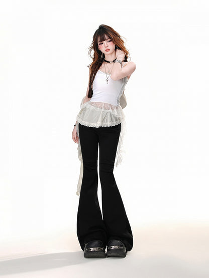Black Elastic Waist Patchwork Design Hem Flared Pants Asymmetrical