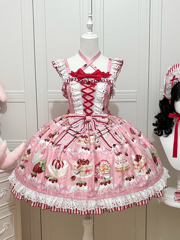 Schleifen süßer Rock und Dessert Lolita Pullover Print Erdbeerrosa