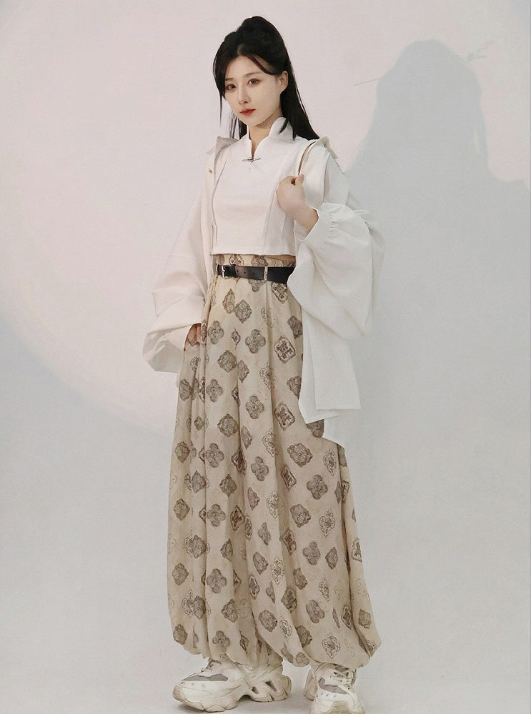 Beige Tang Dynasty Print Lantern Pants Belt Tassel