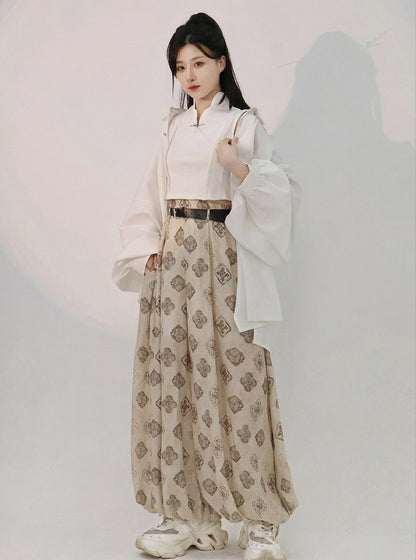 Beige Tang Dynasty Print Lantern Pants Belt Tassel