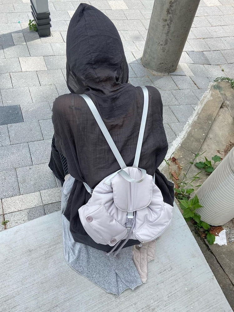 Chic Grey Drawstring Backpack With Flap Closure