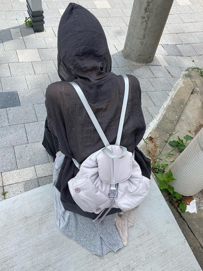 Chic Grey Drawstring Backpack With Flap Closure