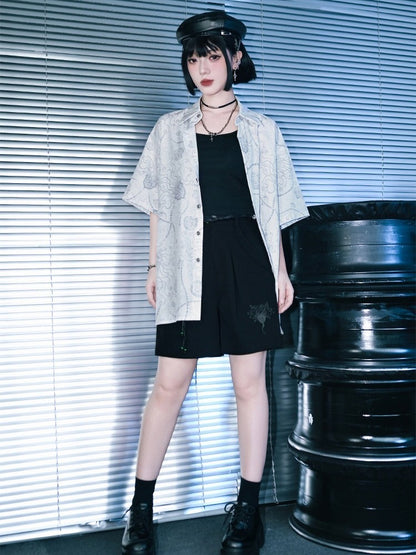 Black Wide Leg Shorts with Sea Lily Embroidery - Quirky Hut