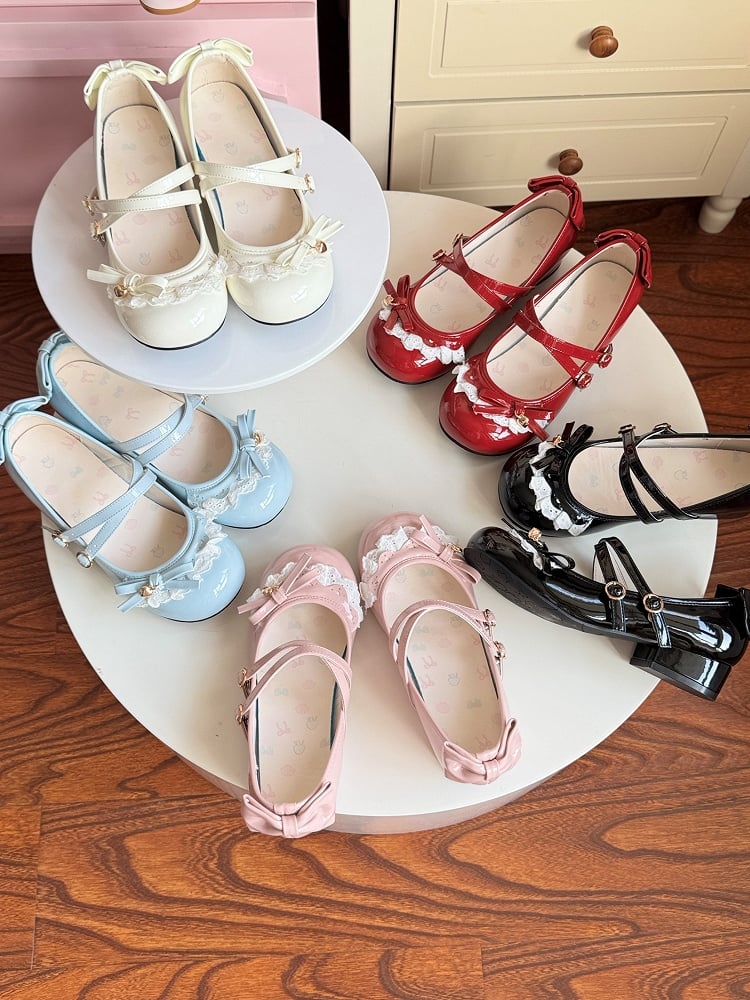 Sweet Pink Round Design Crisscross Snap PU Lolita Low Heels with