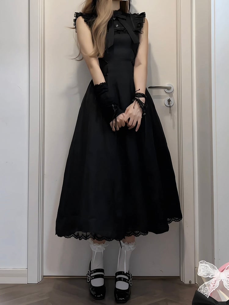 Version Waist Sleeveswith Long Ballet Dress:Flutter Black Lace-Up Style PureInnocent