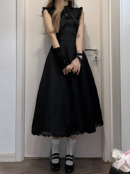 Version Waist Sleeveswith Long Ballet Dress:Flutter Black Lace-Up Style PureInnocent