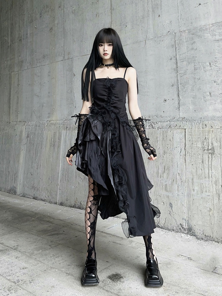 Black Asymmetrical Hem Flounce Trim Glamorous Cami Dress