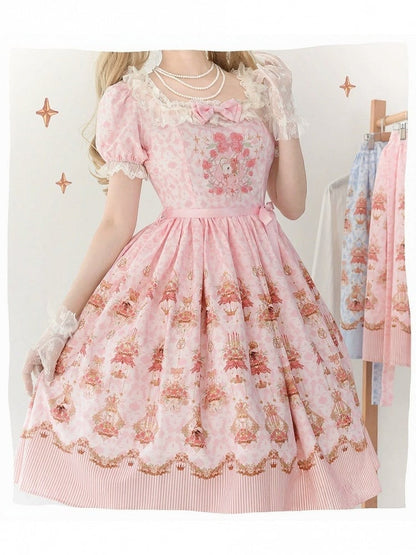 Pink Rabbit Floral Print Lolita OP Dress with Lace Details - Strawberry Witch