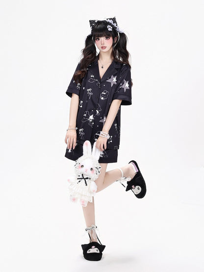 Black Daily Kawaii Bunny Print Loungewear Set Short Sleeve Top Shorts - CRAZY GIRL