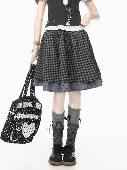 Black Gingham Polka Dot Layered Skirt with Embroidery - Languid Park