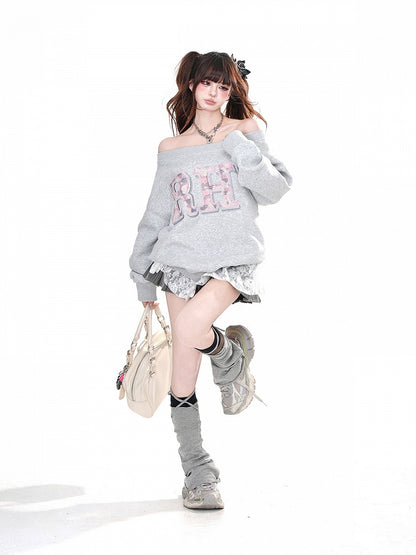 ブラウン/グレー オフショルダー ネックライン レター ルーズ スウェットシャツ