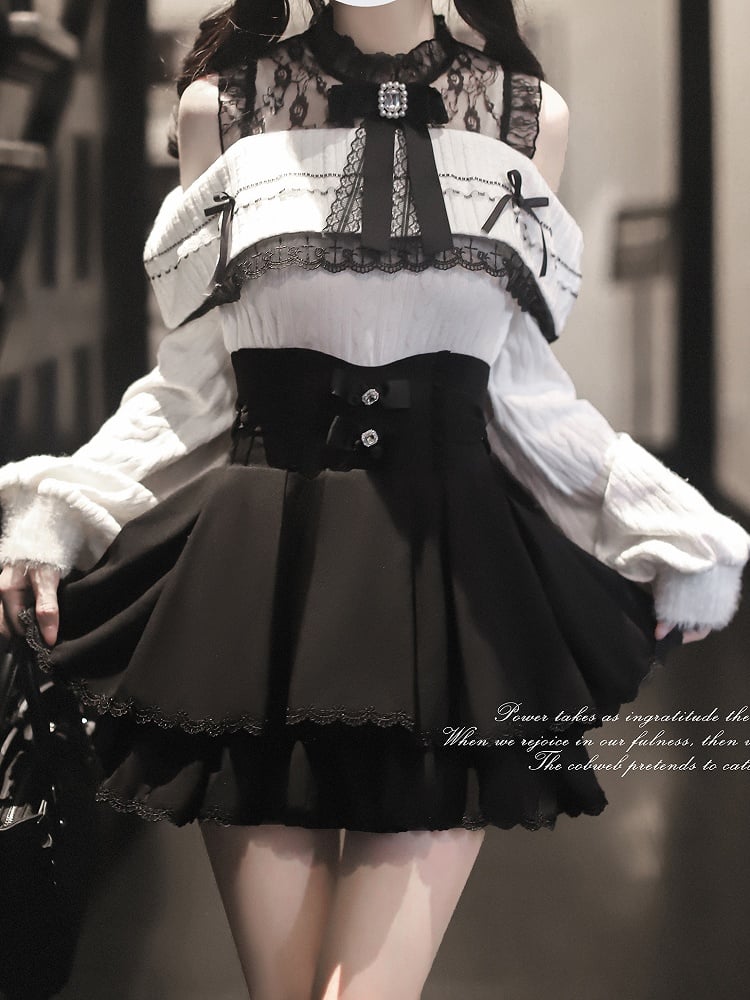 Design Double-Layer Waist Jirai Skirt: Black Kei Style with Bows Rhinestone-Embellished