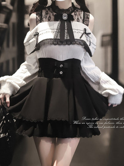 Aesthetic Shoulder Neckline Illusion Jirai with Contrast Pure Kei White Black - Innoncent Open and Sweater