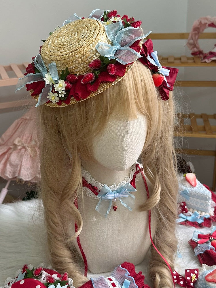 Lace Straw with Hat Red Strawberry Bow Clips Mini