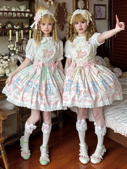 Kleid Grün Teddy Spielzeug Overall Süß und Plüsch Print Lolita Bunny