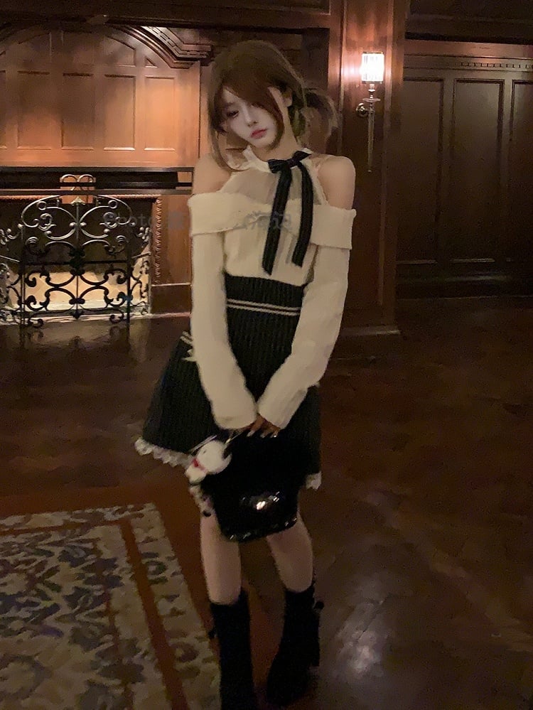 Clean Kei Dress in Halter White Innocent Jirai Stripes Black