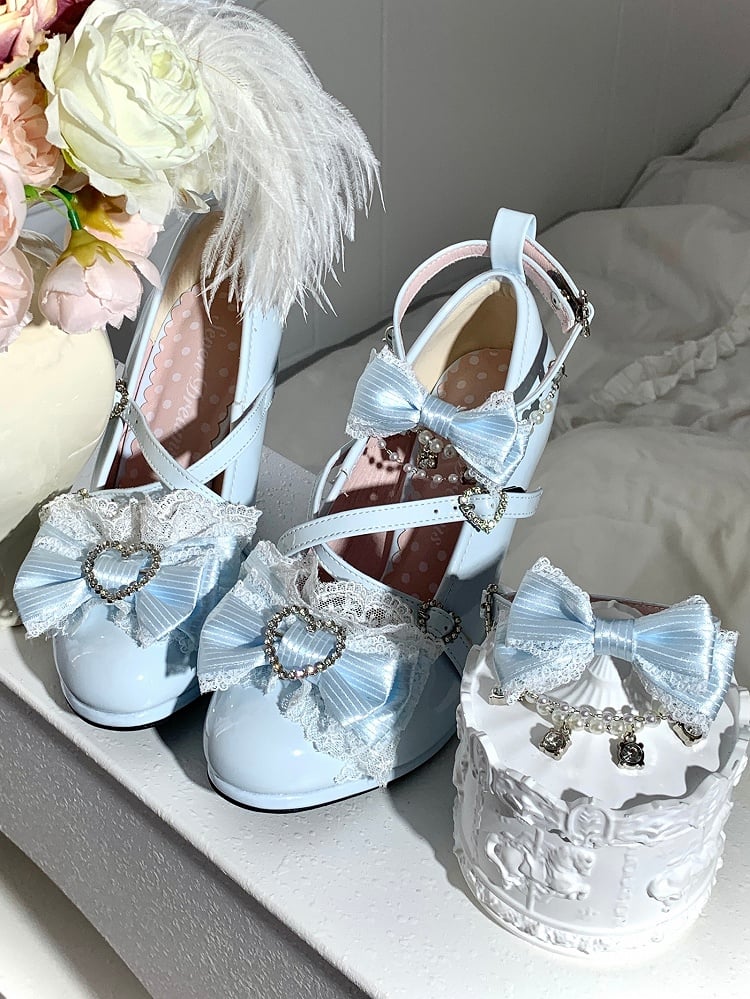 Lolita Hime High-heel Blue Lace Bow Trimmed Shoes -