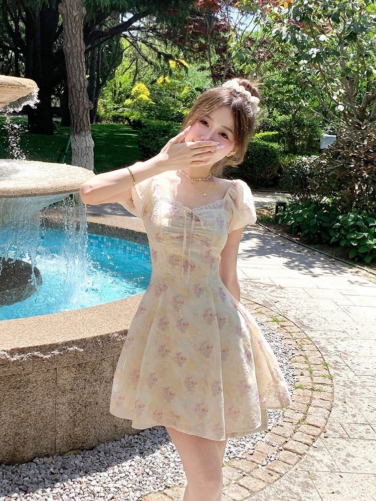 Yellow & Pink Floral Print Summer Holiday Dress - Qchiwawameme