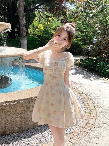 Yellow & Pink Floral Print Summer Holiday Dress - Qchiwawameme