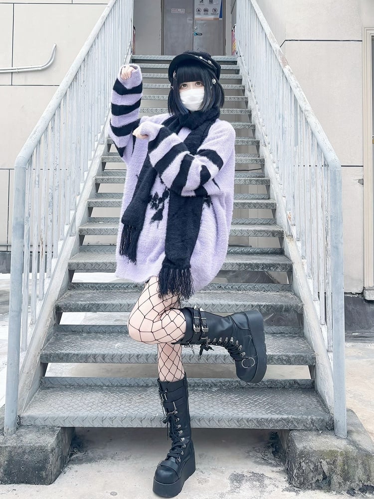 Pattern Sweater and Purple Rose Jirai Striped Oversized Kei Black