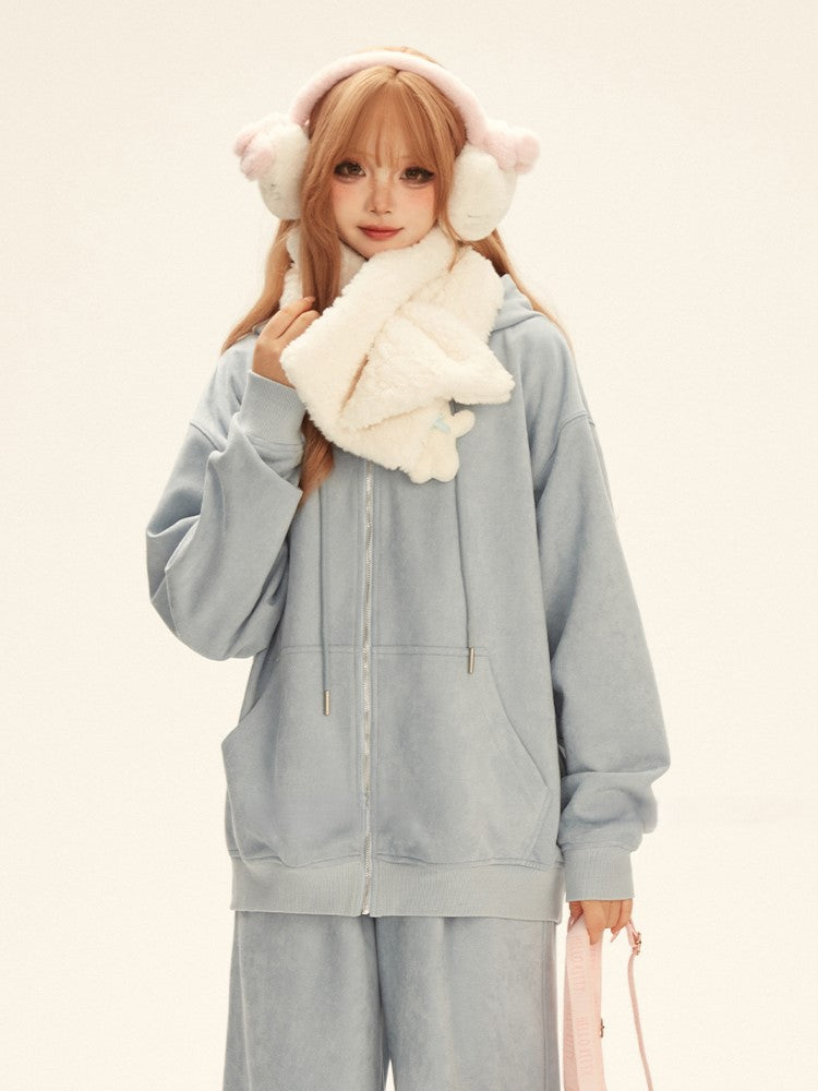 Drawstring Hood Bear Relaxed Jacket with Toy Fit Blue White
