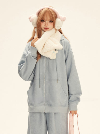Drawstring Hood Bear Relaxed Jacket with Toy Fit Blue White