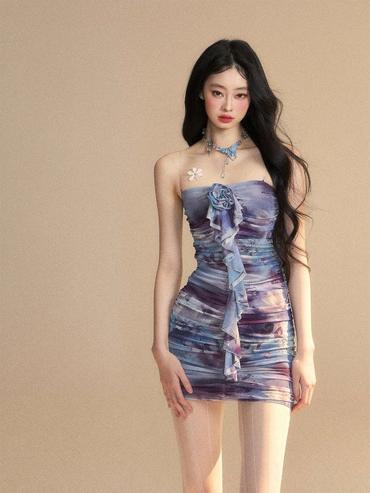 Slip-Kleid Details Glamouröse Mini Blau Ölgemälde Druck Allover Gathering