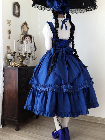 Lolita Decoration with Bowknots Klein Version Blue Ruffled and Gothic Dress Long Heart-shaped JSK