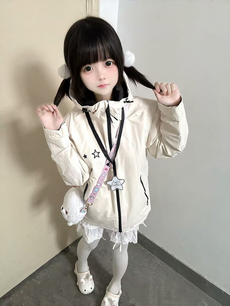 Print Cute with Necklace Star Free Beige Seal Windbreaker