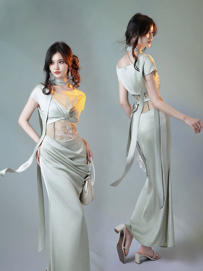 Green Satin Fish Tail Dress with Self-Tie Strap and Lace Waist - sijinstudio