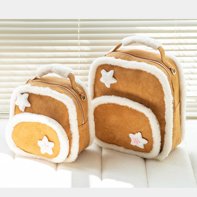 Warmy Large-Sized Brown Backpack With Plush Trim Style In Kawaii