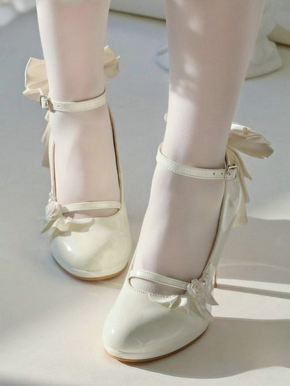 with White - Lolita Embellishments Elegant Mary Janes Design High-heel Rose Ruffle