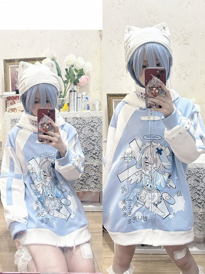 Yami Ear Light Kawaii Print Blue Hooded Tenshi Anime Jacket with Bunny