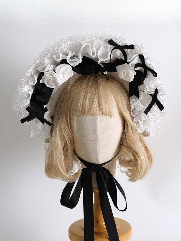 Maid Details Lolita Motorhaube Design Floral Schwarz-Weiß Trim Bowknot Spitze