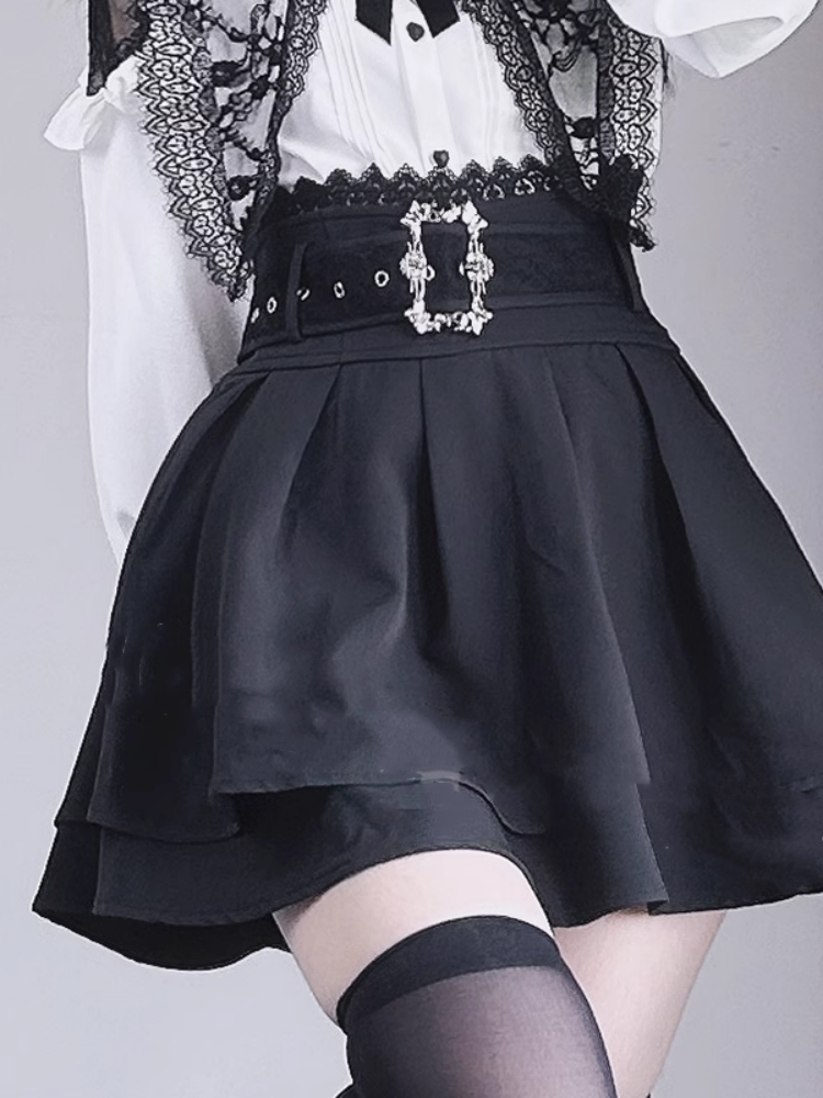 Black Elastic Waist Lace Skirt with Buckle Belt Trim