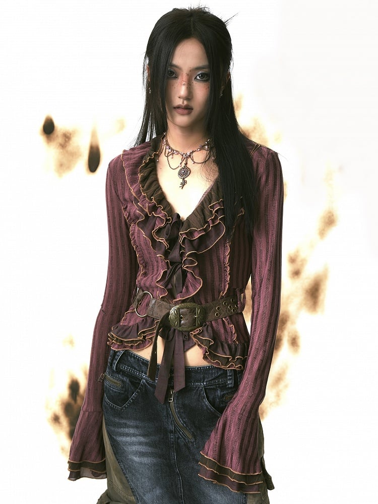 PU Purple-Red with Cardigan Adjustable Knit Ruffles Belt Tulle