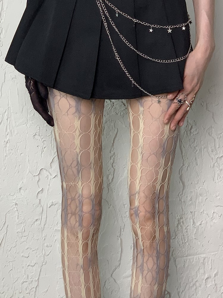 Yellow/Pink Tie-Dye Blue Gray Design Tights Y2K Cut-out Fishnet
